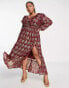 ASOS DESIGN Curve gathered waist metallic maxi dress with frills in burgundy