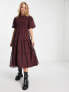 Wednesday's Girl puff sleeve tiered midi dress in plum brown