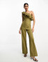 True Violet bardot jumpsuit with ruffle detail in light khaki