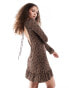 Monki long sleeve mini dress with open back in brown snake print