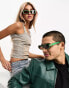 Фото #6 товара AJ Morgan slim rectangular festival sunglasses in green with gold trims