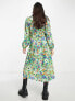 Pieces Petite exclusive v neck puff sleeve midi dress in green floral