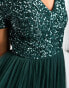 Фото #6 товара Maya Bridesmaid short sleeve maxi tulle dress with tonal delicate sequins in emerald green