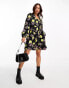 Monki button through mini dress with puff sleeves in black rose print