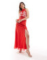 Hope & Ivy high neck embroidered maxi dress with split in red