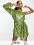 Фото #1 товара Collective the Label Petite exclusive one sleeve tie waist sequin mini dress in lime