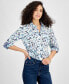 ფოტო #1 პროდუქტის Women's Printed Roll-Tab-Sleeve Button-Front Cotton Shirt
