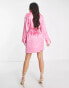 Фото #2 товара ASOS DESIGN Tall shoulder pad gathered waist mini satin shirt dress in pink