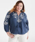Фото #1 товара Plus Size Embroidered Peasant Top, Created for Macy's