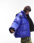 Topshop – Mittellange Oversized-Pufferjacke in Blau mit abnehmbarer Kapuze