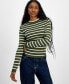 Juniors' Striped Crewneck Long-Sleeve Sweater Зеленый, XS - фото #1