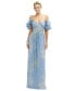 ფოტო #1 პროდუქტის Womens Dramatic Ruffle Edge Convertible Strap Metallic Pleated Maxi Dress with Floral Gold Foil Print