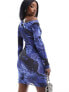 Фото #7 товара ASOS DESIGN mesh off shoulder long sleeve mini dress in blue marble print