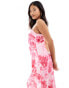 Vero Moda Petite satin square neck maxi slip dress in pink daisy print