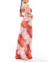 ASOS DESIGN one shoulder drawstring maxi dress in red and pink abstract print