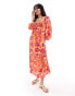 Фото #1 товара JDY bell sleeve maxi dress with front split in pink floral