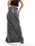 Liquor N Poker maxi legnth denim skirt with split in metallic silver