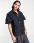 COLLUSION crinkle satin skater shirt with contrast seam in black