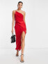 Фото #1 товара Вечернее платье ASOS DESIGN – Сатиновое миди-платье в красном цвете с одним плечевым плечом и разрезом