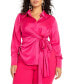 Фото #1 товара Plus Size Satin Collared Blouse With Bow - 30, Hot Pink