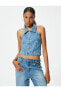 Фото #10 товара Halter Yaka Denim Crop Top Fermuarlı Sırt Dekolteli Slim Fit