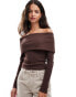 Miss Selfridge rib deep fold over bardot top in chocolate