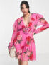 ASOS DESIGN long sleeve mini dress with neck ties and corsage in pink floral print