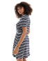 ONLY v neck tie waist mini dress in white navy stripe