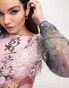 Фото #2 товара Reclaimed Vintage slash neck quarter sleeve top in pink asiatic print