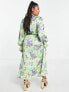 ASOS DESIGN Curve satin button through midi tea dress in green base floral print