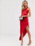 ASOS DESIGN satin one shoulder drape midi dress in red