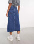 Only denim midi skirt with front split in mid blue