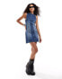 COLLUSION slash neck denim mini dress in midwash