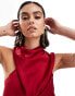 ASOS DESIGN satin asymmetric neck maxi dress with puddle hem in claret red