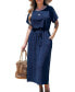 ფოტო #1 პროდუქტის Women's Navy Round Neck Short Sleeve Tie Waist Midi Beach Dress