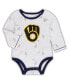 Фото #3 товара Newborn and Infant Boys and Girls Navy, White Milwaukee Brewers Dream Team Bodysuit, Hat and Footed Pants Set