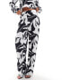 YAS plisse wide leg trouser co-ord in mono print - BLACK