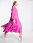 ASOS DESIGN 70s trapeze long sleeve maxi dress in fluffy texture in hot pink