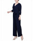 ფოტო #3 პროდუქტის Petite Short 3/4 Sleeve Belted Wide Leg Jumpsuit