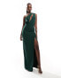 Фото #1 товара Vesper exclusive one shoulder cut out detail front spilt maxi dress in forest green