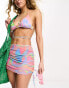 Monki co-ord swirl print triangle wrap around bikini top with front pearls in pink multi