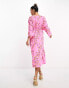 Y.A.S ruched side midi dress in pink floral print