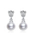 ფოტო #2 პროდუქტის GV Sterling Silver White Gold Plated White Round Freshwater Pearl with Clear Baguette Cubic Zirconia Drop Earrings