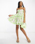 ASOS DESIGN cotton pleat bust babydoll mini sundress in green abstract print