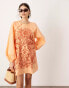 Фото #1 товара ASOS EDITION embroidered trapeze mini dress with balloon sleeve in orange