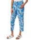 ფოტო #3 პროდუქტის Petite Linen Pull On Cropped Leaf-Print Drawstring-Waist Pants