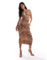 Фото #3 товара ASOS DESIGN mesh knot strap detail ruched maxi dress in brown tonal swirl print