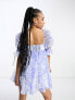 Forever New Petite puff sleeve organza mini dress in blue floral