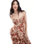 Фото #3 товара Pretty Lavish shirred bust tiered ruffle maxi dress in brown floral