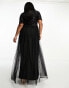 Maya Plus Bridesmaid short sleeve maxi tulle dress with tonal delicate sequins in black